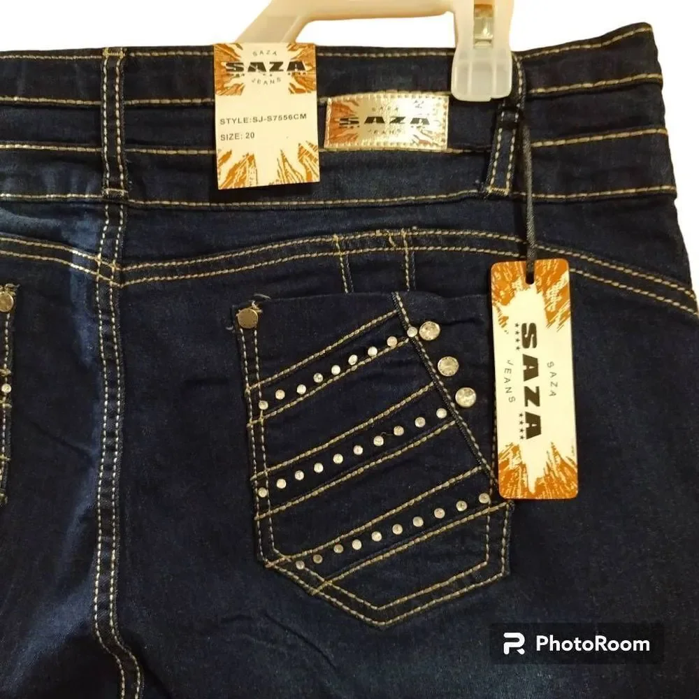 NWT Saza Denim Long Bermuda Jean Shorts Rhinestone Pockets Dark Blue Sz 20